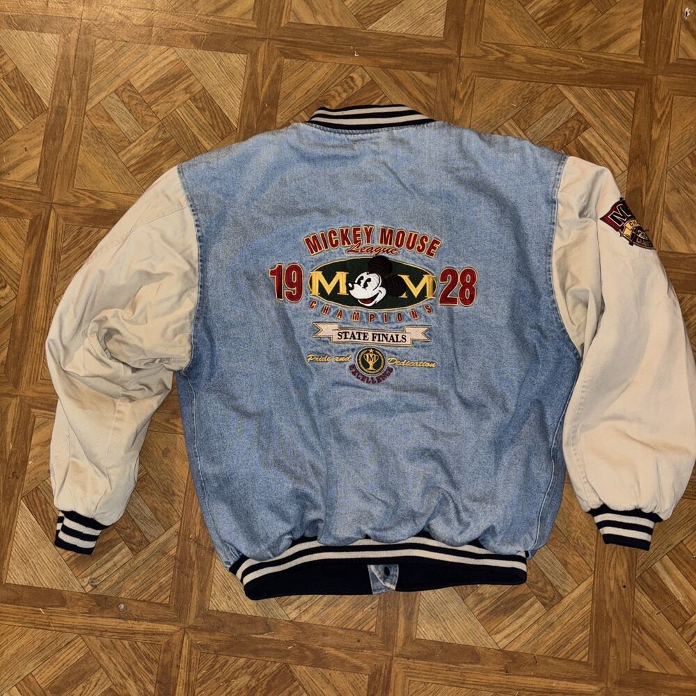 Disney Mickey Mouse Light Blue Denim and Cream Varsity Jacket